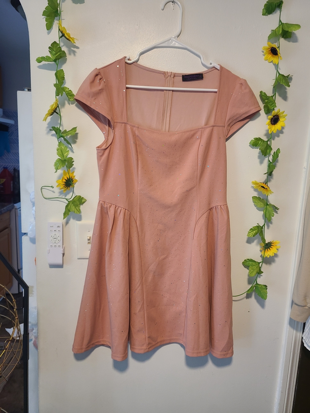 Bridesmay Sparkly Cap-Sleeve Short Cocktail Homecoming Dress. It features a squa